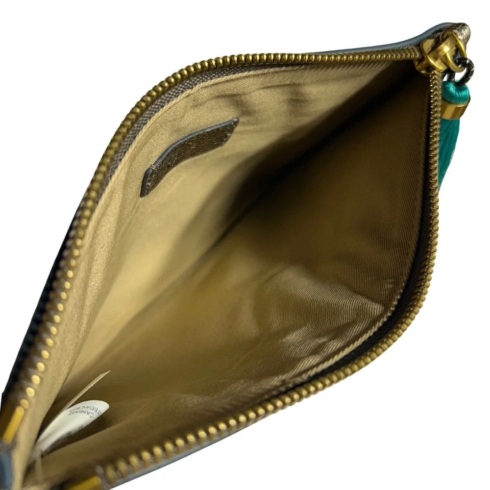 J.Crew Metallic Gold Pebbled Leather Green Tassel Clutch Bag 8.25